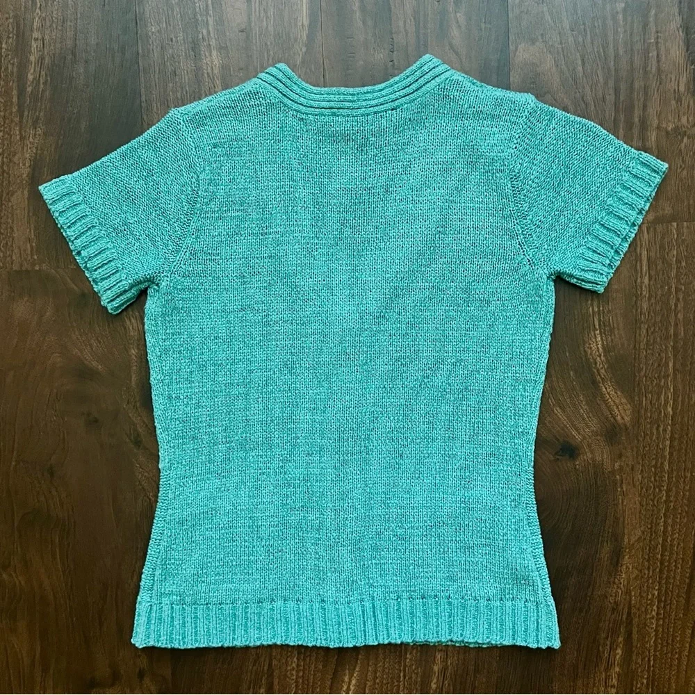 Evan Picone Fitted Cardigan Short Sleeve Sweater Top Teal Blouse Petite Small - Picture 6 of 6